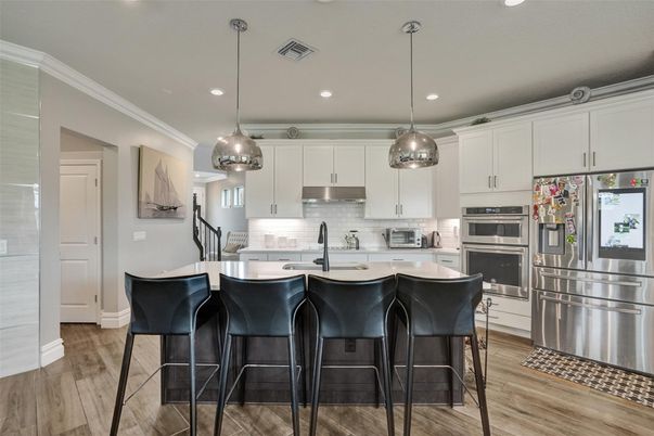 Interior, Kitchen, Pendant Lights, Recessed Lighting, Stainless Steel Appliances, Wood Texture Flooring