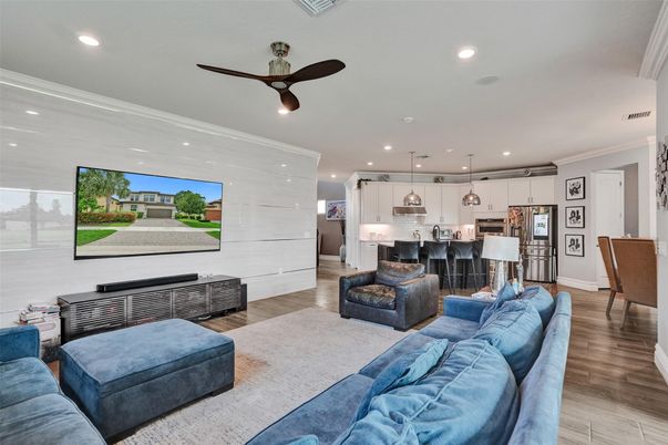 Dining room, Interior, Kitchen, Living room, Pendant Lights, Recessed Lighting, Stainless Steel Appliances, Wood Texture Flooring