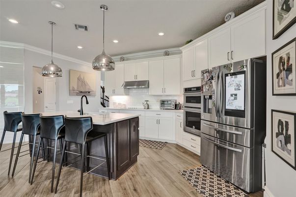 Interior, Kitchen, Pendant Lights, Recessed Lighting, Stainless Steel Appliances, Wood Texture Flooring