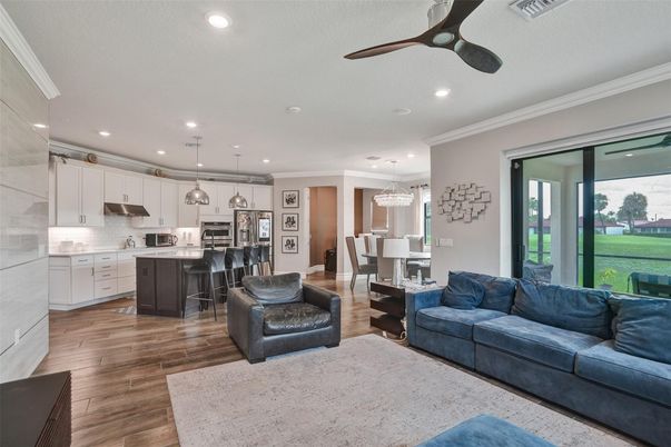 Dining room, Interior, Kitchen, Living room, Pendant Lights, Recessed Lighting, Stainless Steel Appliances, Wood Texture Flooring