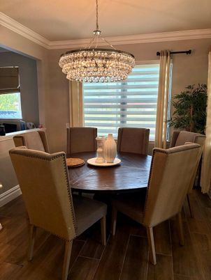 Chandelier, Dining room, Interior, Wood Texture Flooring