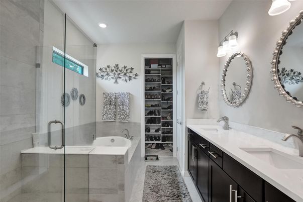 Bathroom, Dual Sink Vanities, Glass Shower, Interior, Recessed Lighting, Walk-in Closets