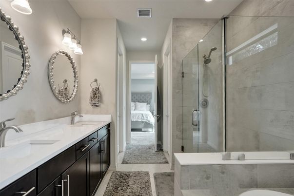 Bathroom, Bedroom, Dual Sink Vanities, Glass Shower, Interior, Recessed Lighting