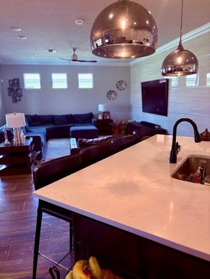 Interior, Kitchen, Living room, Pendant Lights, Recessed Lighting, Wood Texture Flooring