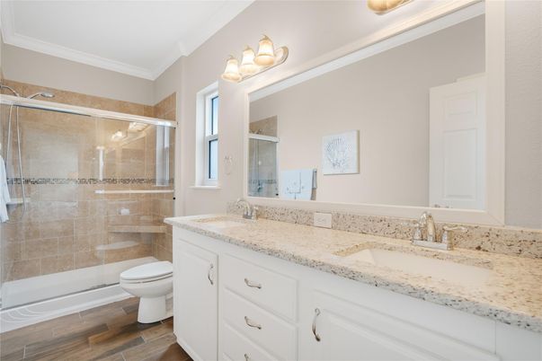 Bathroom, Glass Shower, Interior, Wood Texture Flooring