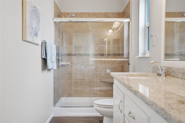 Bathroom, Glass Shower, Interior, Wood Texture Flooring