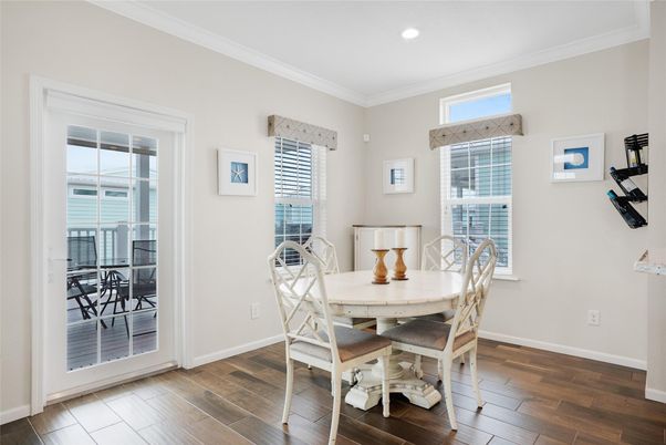 Dining room, Interior, Recessed Lighting, Wood Texture Flooring