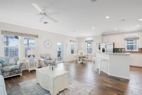 Dining room, Interior, Kitchen, Living room, Recessed Lighting, Stainless Steel Appliances, Wood Texture Flooring