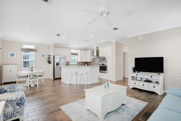 Dining room, Interior, Kitchen, Recessed Lighting, Stainless Steel Appliances, Wood Texture Flooring