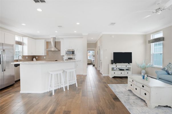 Interior, Kitchen, Recessed Lighting, Stainless Steel Appliances, Wood Texture Flooring
