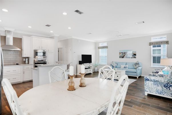 Dining room, Interior, Kitchen, Living room, Recessed Lighting, Stainless Steel Appliances, Wood Texture Flooring