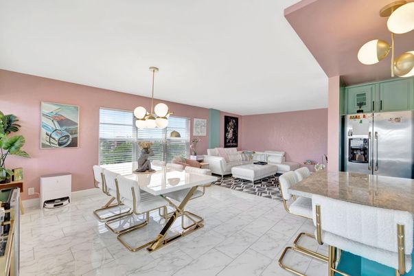 Dining room, Interior, Kitchen, Living room, Marble, Pendant Lights, Stainless Steel Appliances