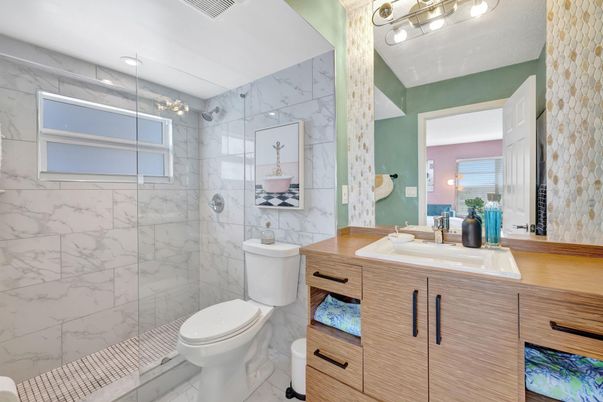 Bathroom, Glass Shower, Interior, Marble Walls, Recessed Lighting