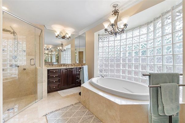 Bathroom, Chandelier, Glass Shower, Interior, Recessed Lighting
