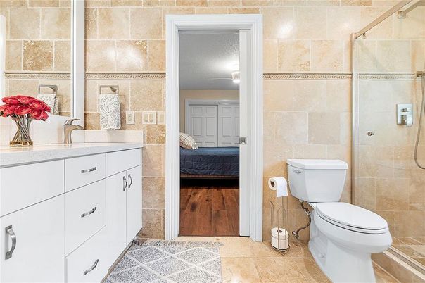 Bathroom, Glass Shower, Interior, Wood Texture Flooring