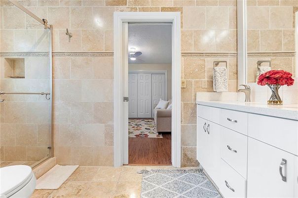 Bathroom, Interior, Stone Walls, Wood Texture Flooring