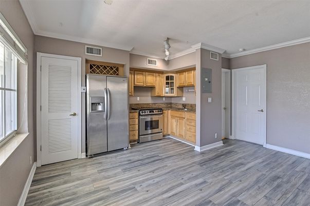 Interior, Kitchen, Stainless Steel Appliances, Wood Texture Flooring