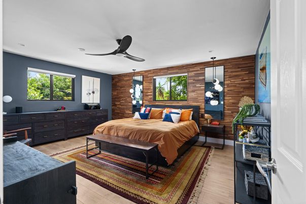 Bedroom, Interior, Pendant Lights, Wood Texture Flooring, Wooden Walls