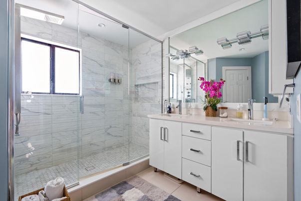 Bathroom, Glass Shower, Interior, Marble Walls, Recessed Lighting
