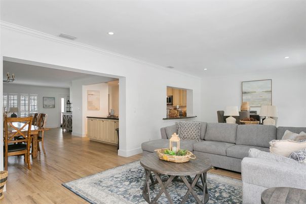 Dining room, Interior, Living room, Recessed Lighting, Wood Texture Flooring