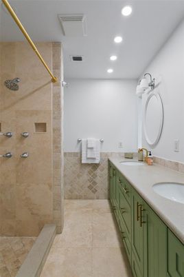 Bathroom, Dual Sink Vanities, Glass Shower, Interior, Recessed Lighting