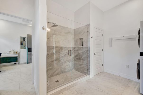 Bathroom, Glass Shower, Interior, Marble, Marble Walls, Recessed Lighting