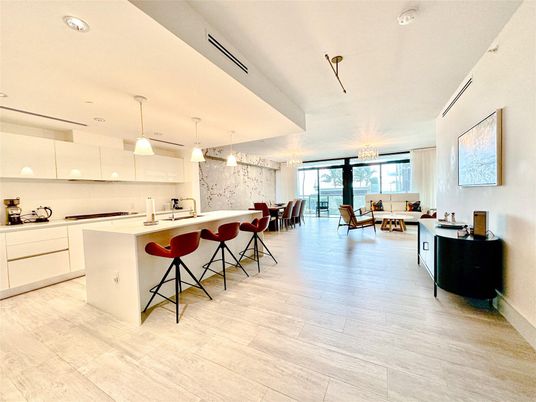 Dining room, Interior, Kitchen, Living room, Pendant Lights, Recessed Lighting, Wood Texture Flooring