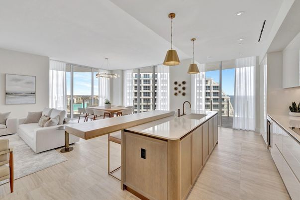 Dining room, Interior, Living room, Pendant Lights, Recessed Lighting, Wood Texture Flooring