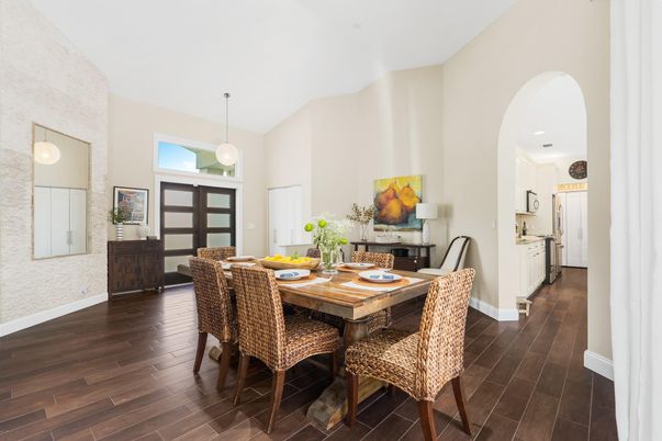 Dining room, Interior, Pendant Lights, Wood Texture Flooring