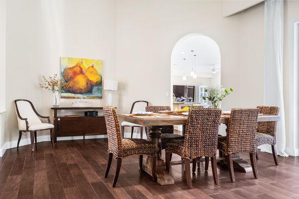 Dining room, Interior, Pendant Lights, Wood Texture Flooring