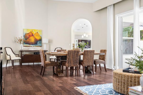 Dining room, Interior, Pendant Lights, Wood Texture Flooring