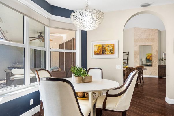 Dining room, Interior, Pendant Lights, Wood Texture Flooring