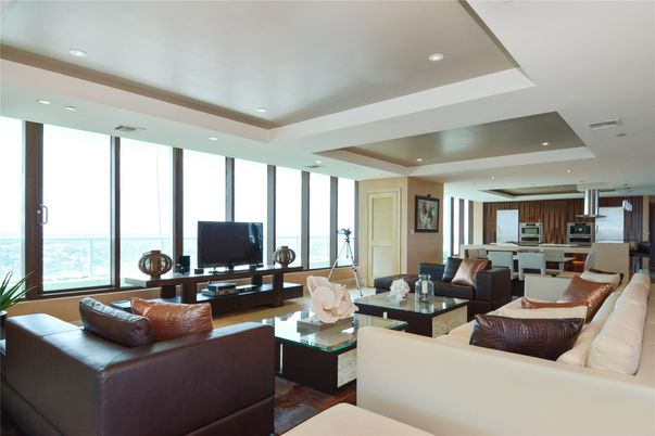 Interior, Kitchen, Living room, Recessed Lighting, Stainless Steel Appliances, Wood Texture Flooring