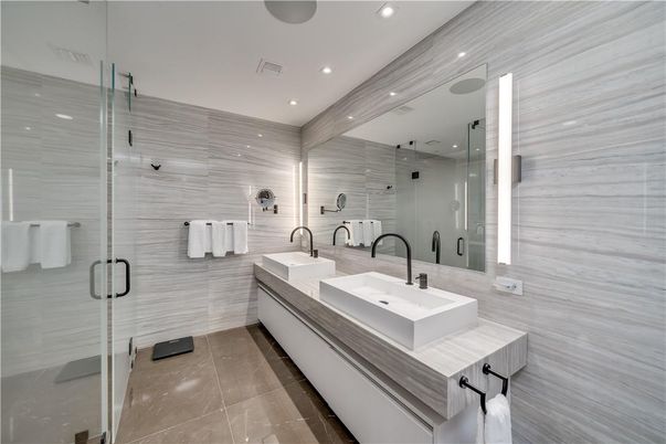 Bathroom, Dual Sink Vanities, Glass Shower, Interior, Recessed Lighting