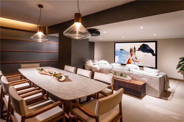 Dining room, Interior, Pendant Lights, Projection Screen, Recessed Lighting, Theatre Room, Wood Texture Flooring