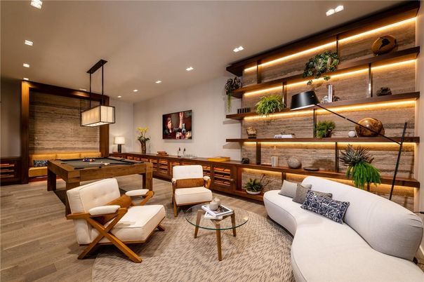 Billiard Table, Game Room, Interior, Living room, Pendant Lights, Recessed Lighting, Wood Texture Flooring