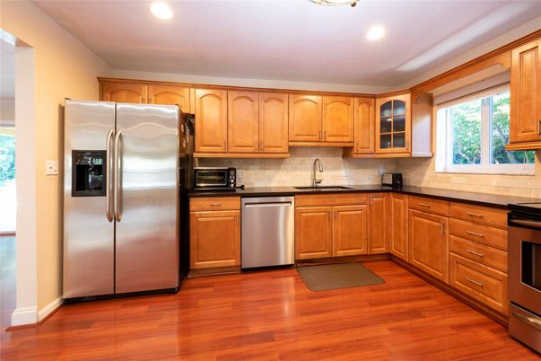 Interior, Kitchen, Recessed Lighting, Stainless Steel Appliances, Wood Texture Flooring