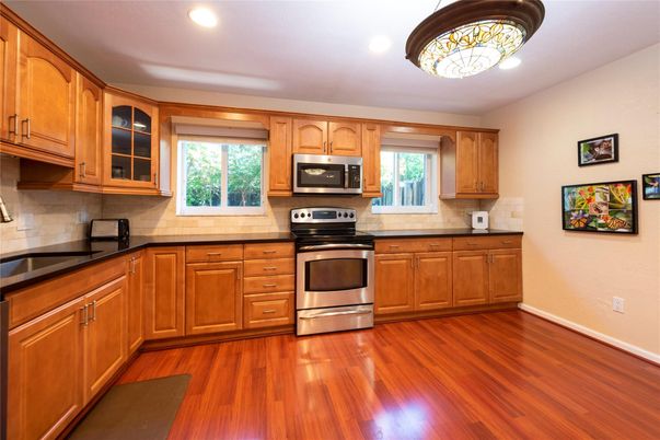 Interior, Kitchen, Recessed Lighting, Stainless Steel Appliances, Wood Texture Flooring