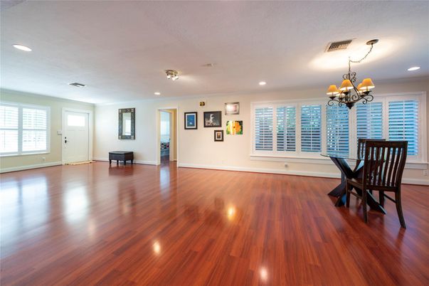 Chandelier, Dining room, Empty room, Interior, Recessed Lighting, Wood Texture Flooring