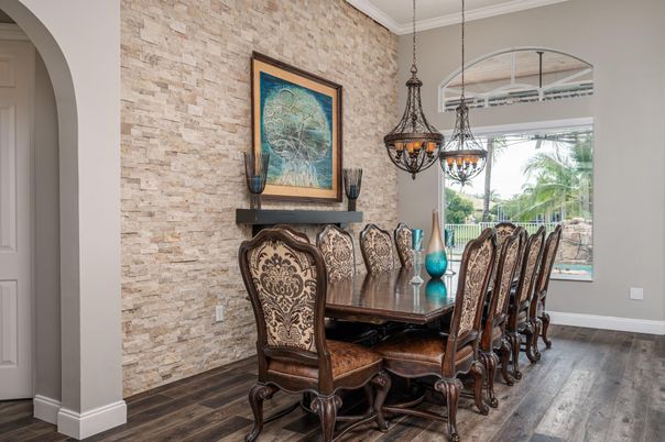 Dining room, Interior, Pendant Lights, Stone Walls, Wood Texture Flooring