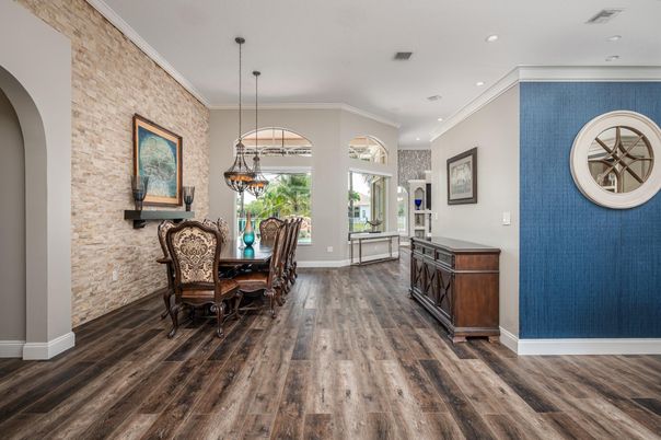 Dining room, Interior, Pendant Lights, Recessed Lighting, Stone Walls, Wood Texture Flooring