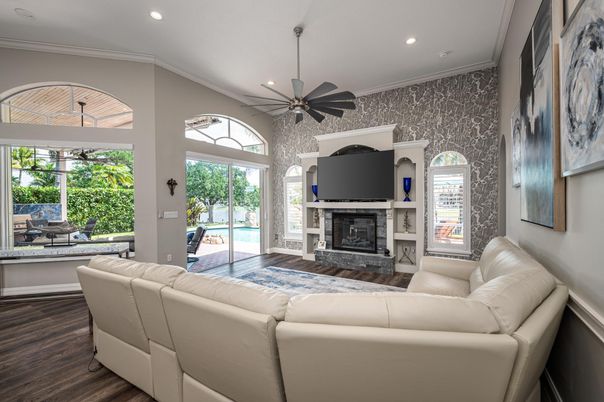 Fireplace, Interior, Living room, Pendant Lights, Recessed Lighting, Wood Texture Flooring