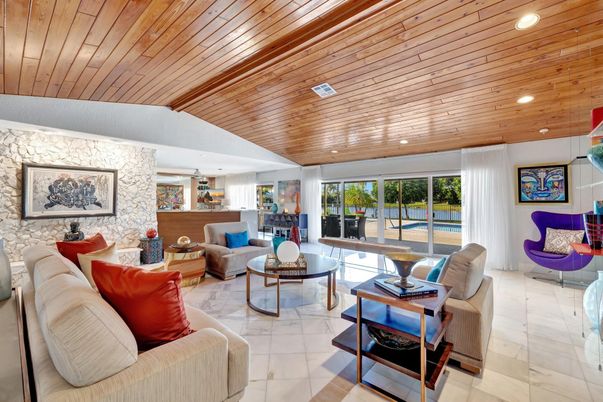 Interior, Living room, Recessed Lighting, Stone Walls, Wooden Ceilings