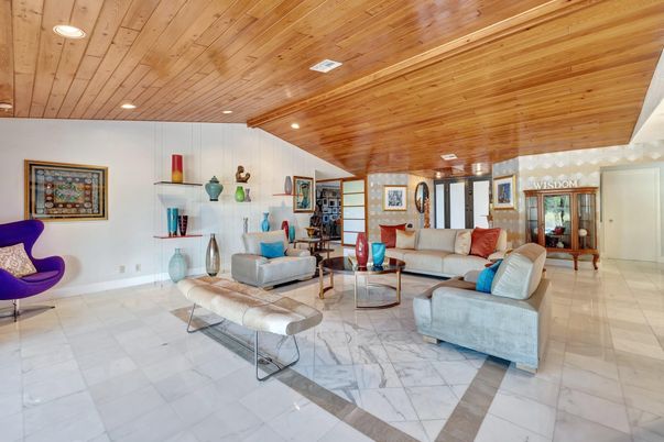 Interior, Living room, Marble, Recessed Lighting, Wooden Ceilings