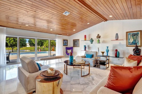 Interior, Living room, Marble, Recessed Lighting, Wooden Ceilings