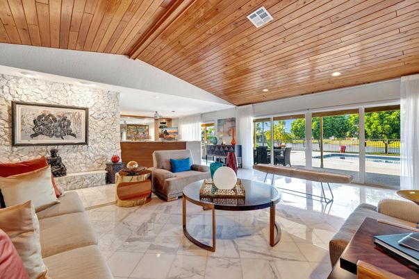 Fireplace, Interior, Living room, Marble, Recessed Lighting, Stone Walls, Wooden Ceilings