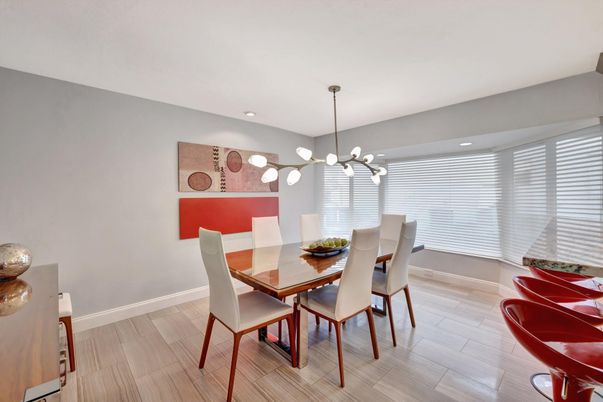 Dining room, Interior, Pendant Lights, Recessed Lighting, Wood Texture Flooring