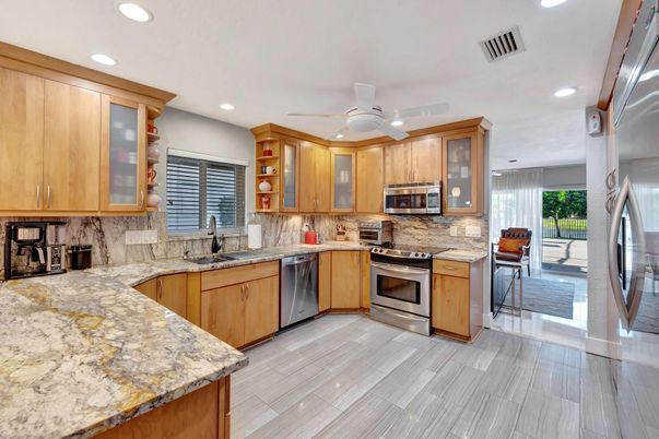 Interior, Kitchen, Recessed Lighting, Stainless Steel Appliances, Wood Texture Flooring