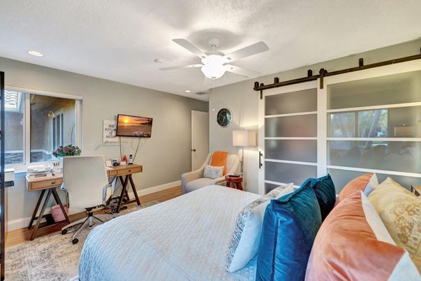 Bedroom, Home Office, Interior, Recessed Lighting, Wood Texture Flooring