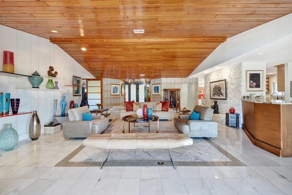 Interior, Living room, Marble, Recessed Lighting, Wooden Ceilings